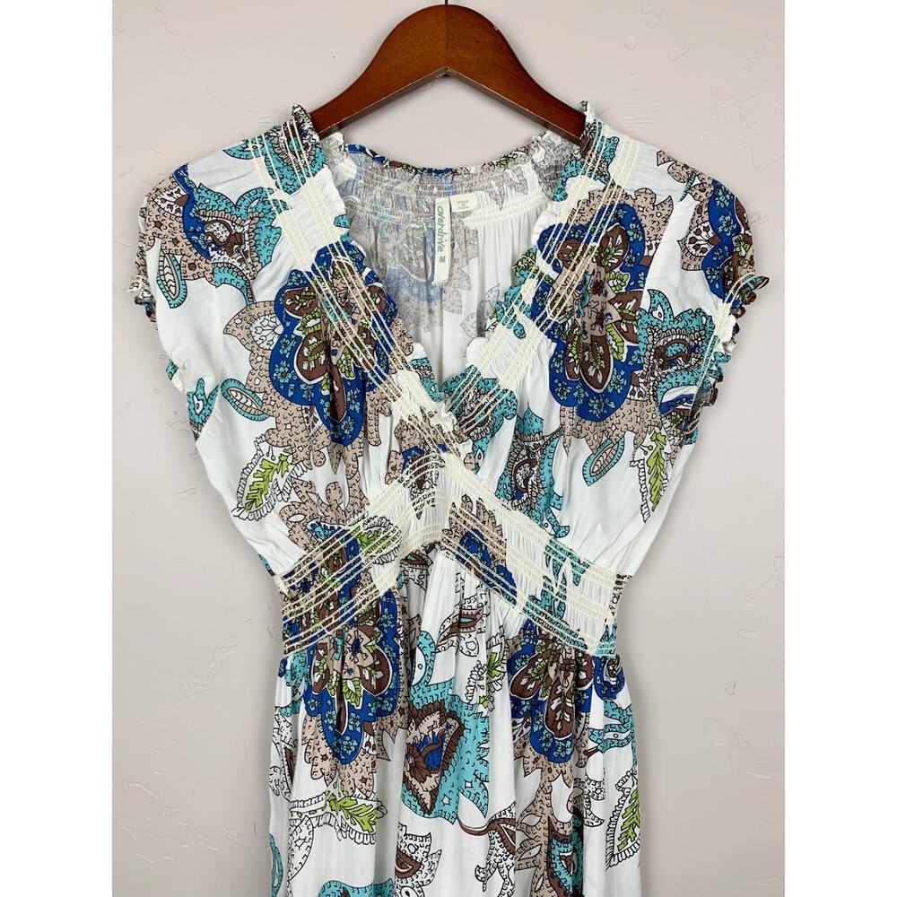 Overdrive Floral Boho Dress Smocked White Blue Short Sleeve Women's M - Picture 2 of 8